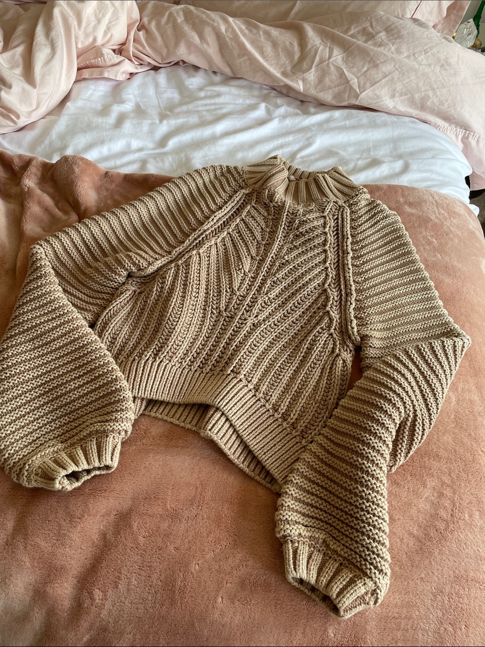 Free People Cropped Cable-Tuck Mock Neck Sweater - Camel. Small. - Picture 1 of 5